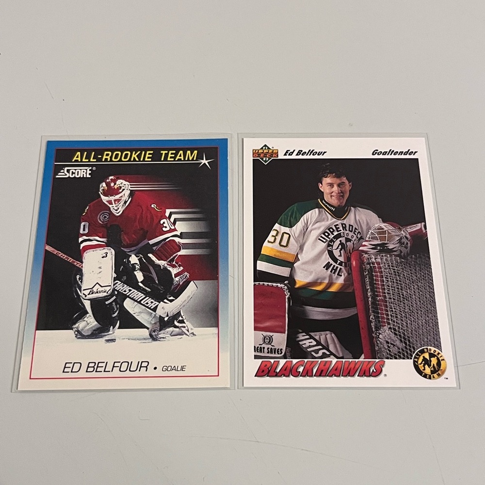 Ed Belfour Chicago Blackhawks 2-Card All-Rookie Team Lot